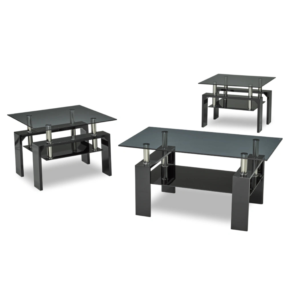 Set of three black glass coffee tables