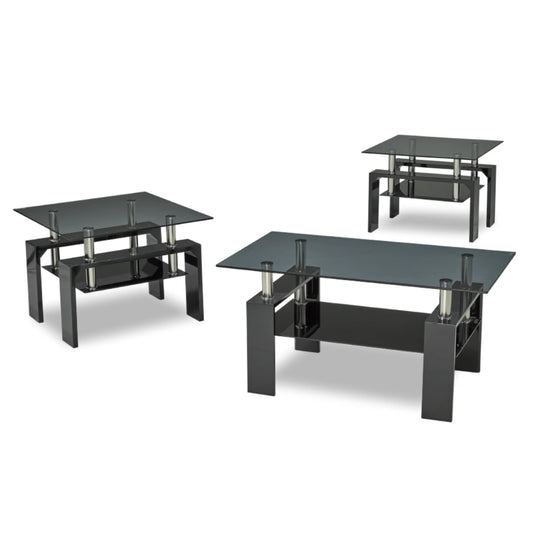 Set of three black glass coffee tables