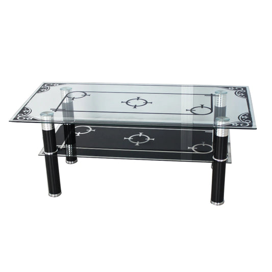 Black Glass coffee table with black decorative patterns 