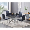 Dining room set with a round black marble table and four black PU chairs.