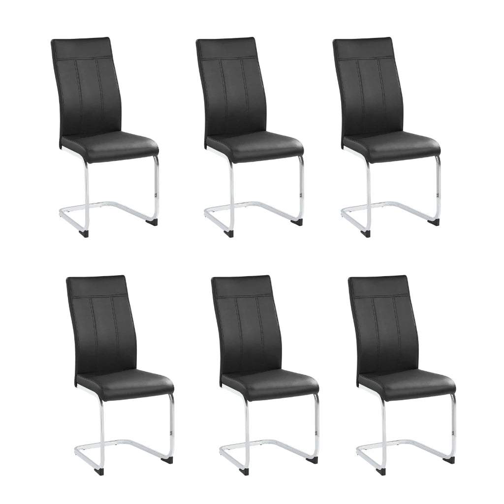 Six black PU dining chairs with chrome legs 