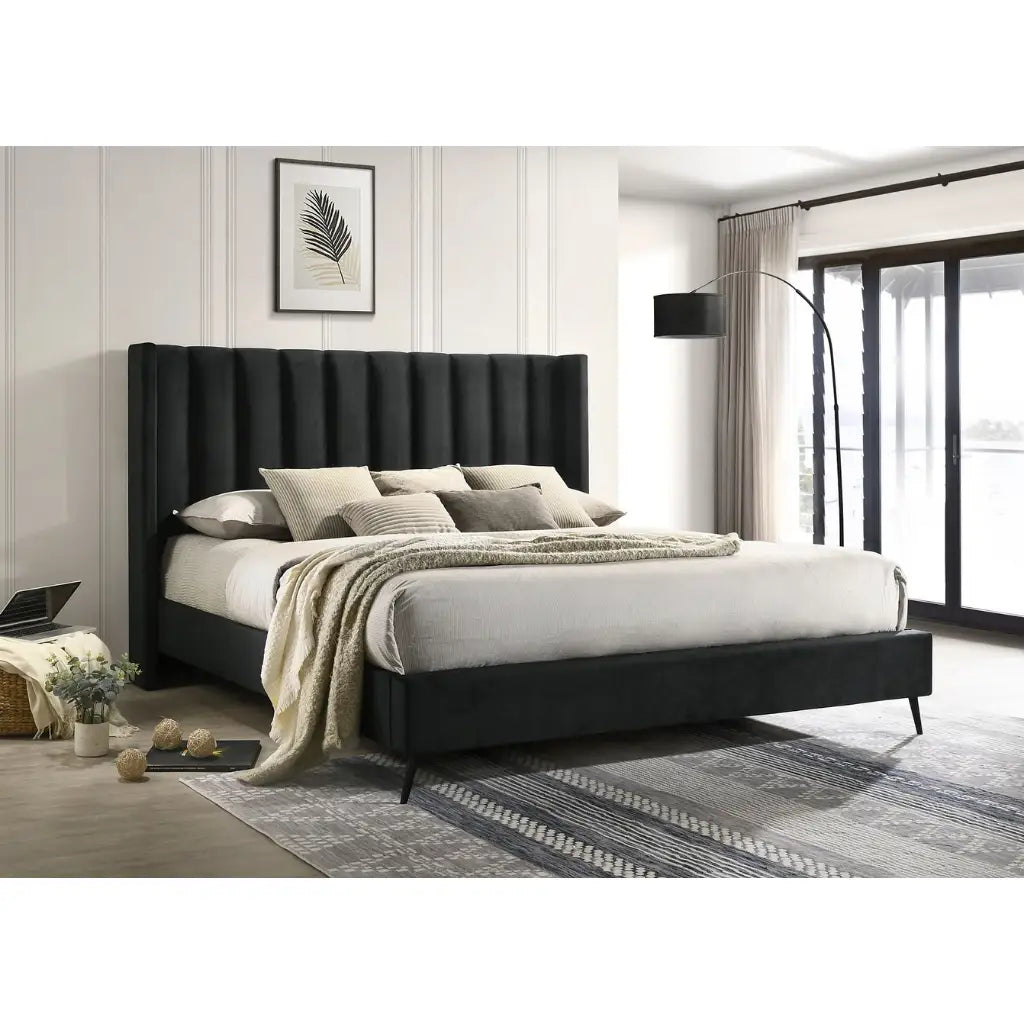  Black Queen Bed with Tufted Wingback 