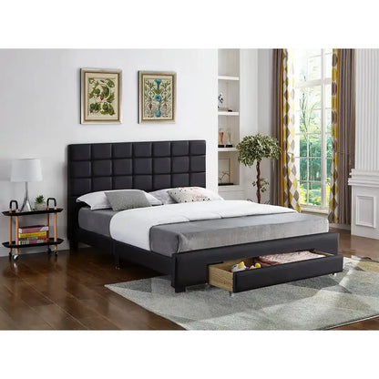 Black Queen Bed with Tufted Headboard And Storage Drawer