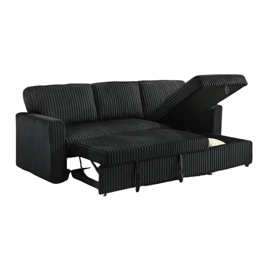 Black sectional sofa with storage drawers on a white background