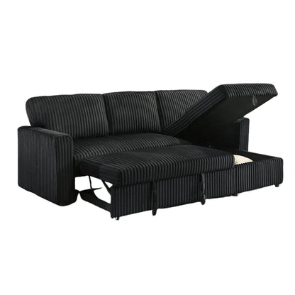 Black sectional sofa with storage drawers on a white background