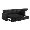 Black sectional sofa with storage drawers on a white background