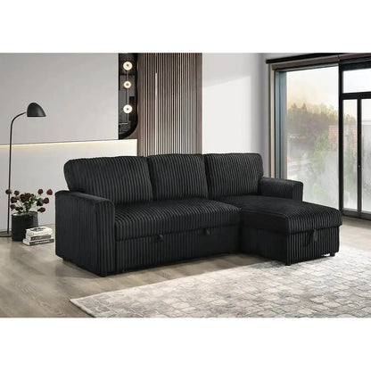 Black sectional sofa in a living room 