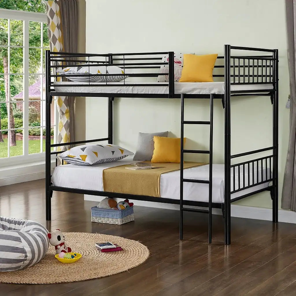 Black metal bunk bed with white bedding 