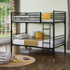 Black metal bunk bed with white bedding 