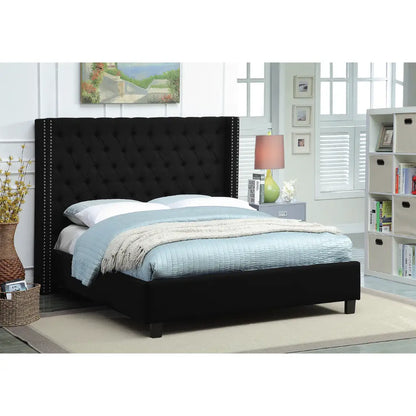 Black  Upholstered King Platform Bed with Tufted Wingback Headboard