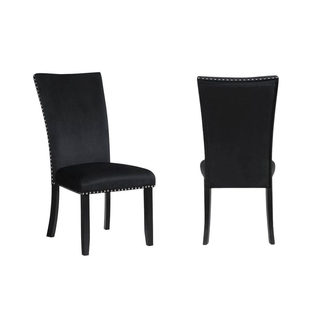 Two black velvet chairs with nailhead trim 