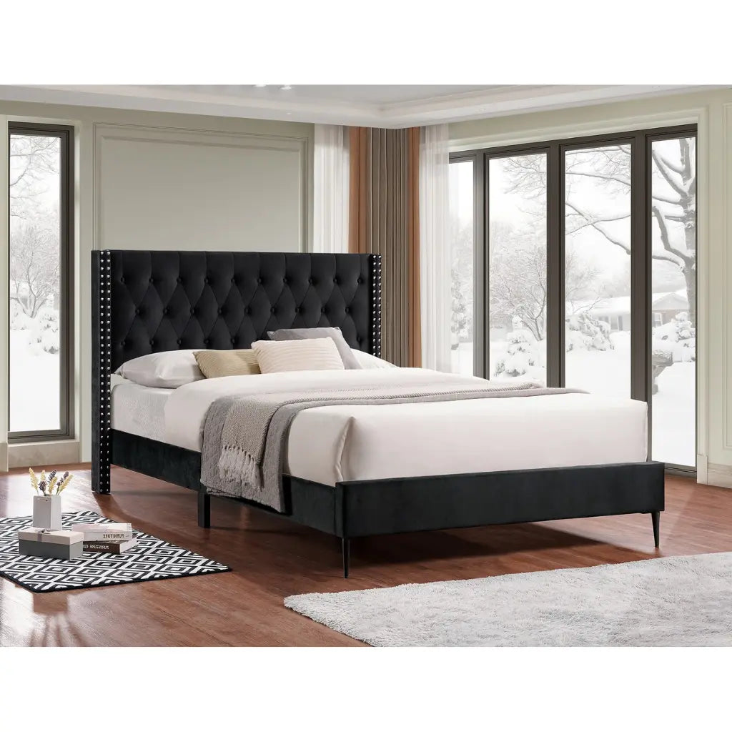 Black Velvet Double Bed With Wingback Tufted Headboard