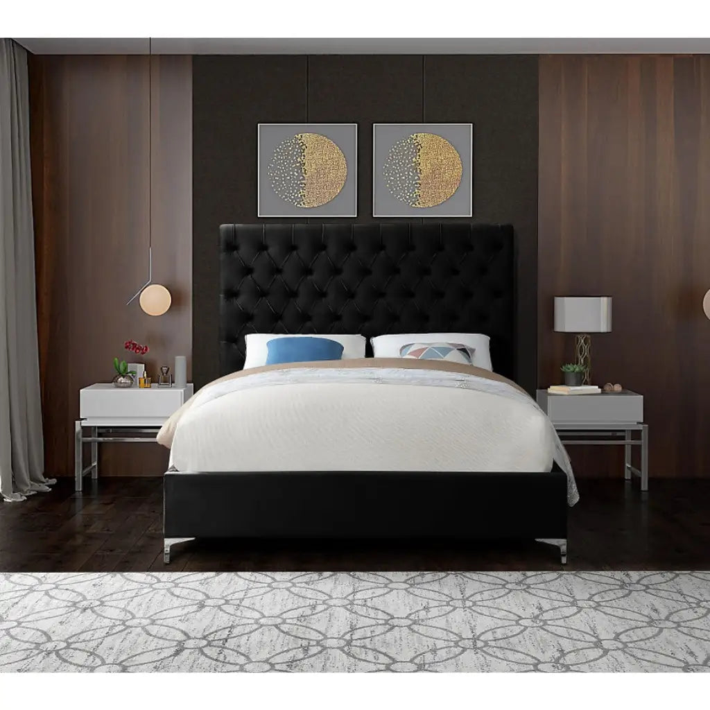 Black Velvet Double Bed with Tufting