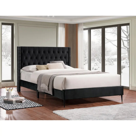 Black Velvet King Bed With Wingback Tufted Headboard