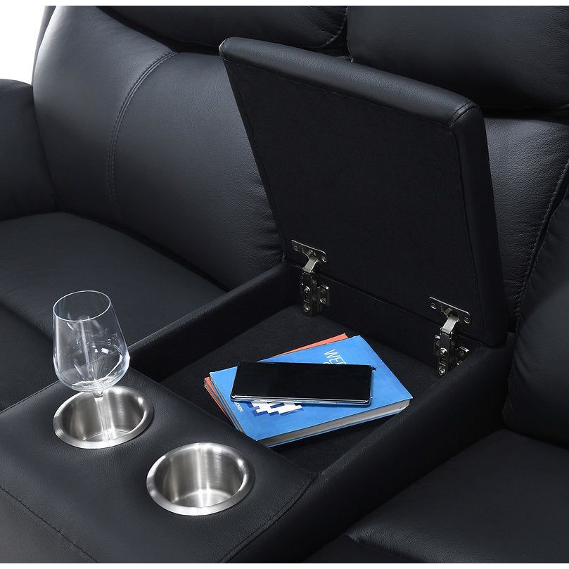 Black leather sofa with a built-in cup holder and tray