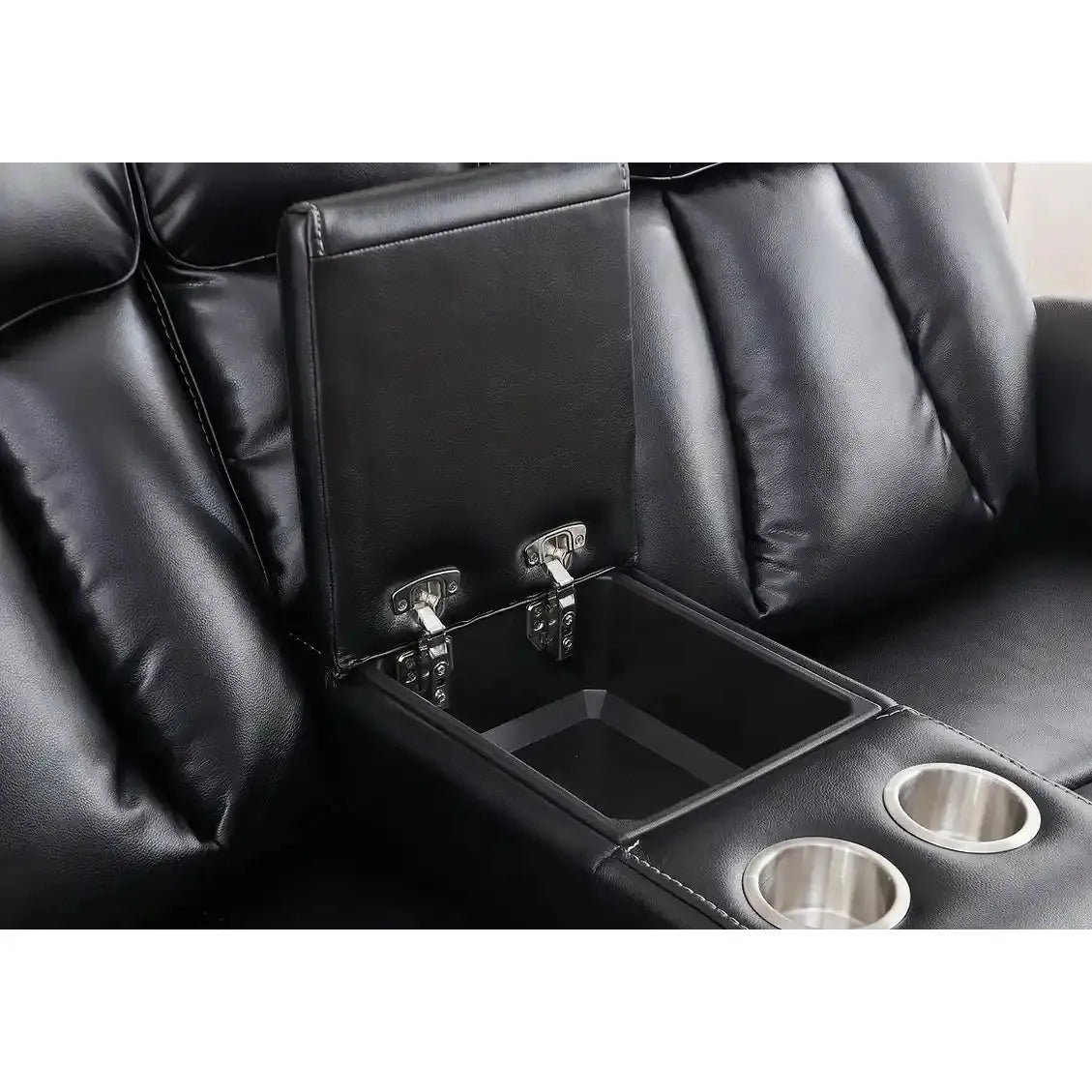 Black leather sofa with cup holders and storage compartment
