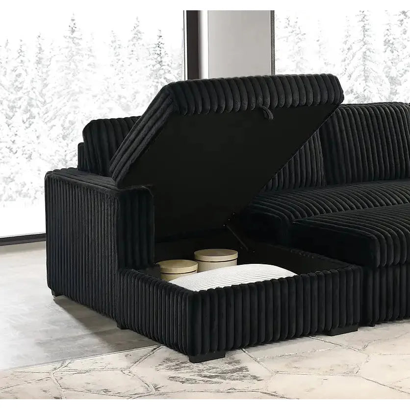 Black ribbed sectional sofa with storage compartments