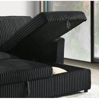 Black ribbed sofa bed folded down, storage option