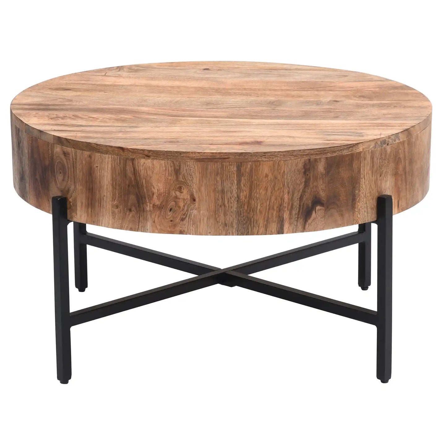 Blox Round Wood Coffee Table in Mango Wood with Black Iron Base