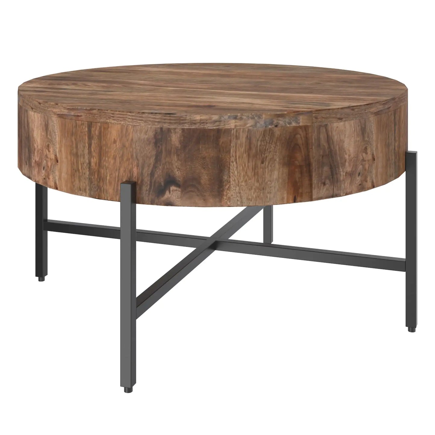 Blox Round Wood Coffee Table in Mango Wood with Black Iron Base