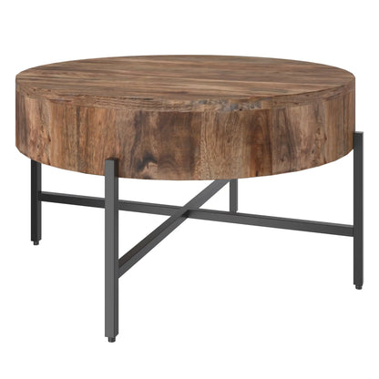 Blox Round Wood Coffee Table in Mango Wood with Black Iron Base