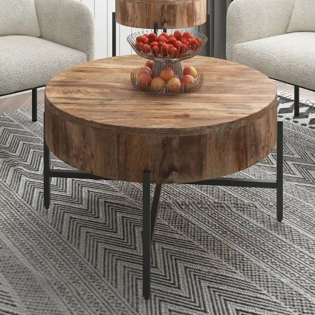 Blox Round Wood Coffee Table in Mango Wood with Black Iron Base