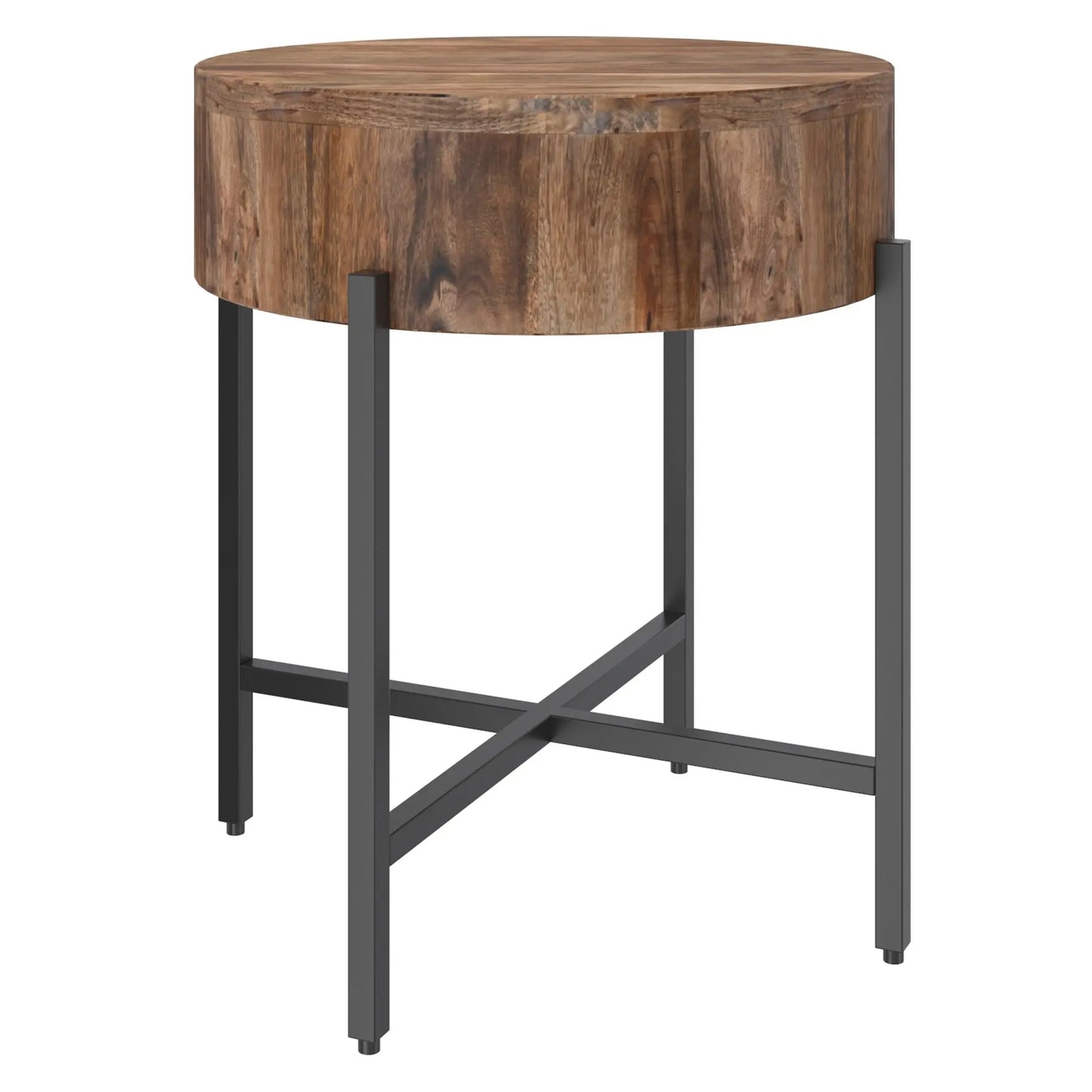 Blox Round Wood and Metal Accent Table in Natural Mango Wood