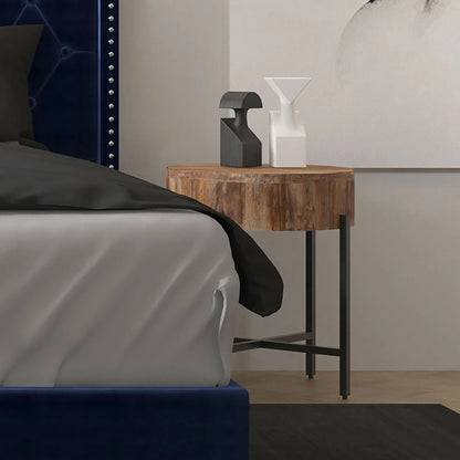 Blox Round Wood and Metal Accent Table in Natural Mango Wood