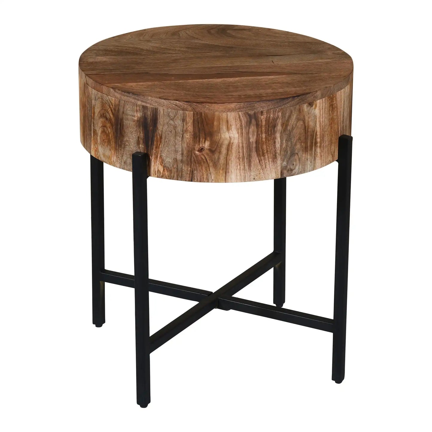 Blox Round Wood and Metal Accent Table in Natural Mango Wood