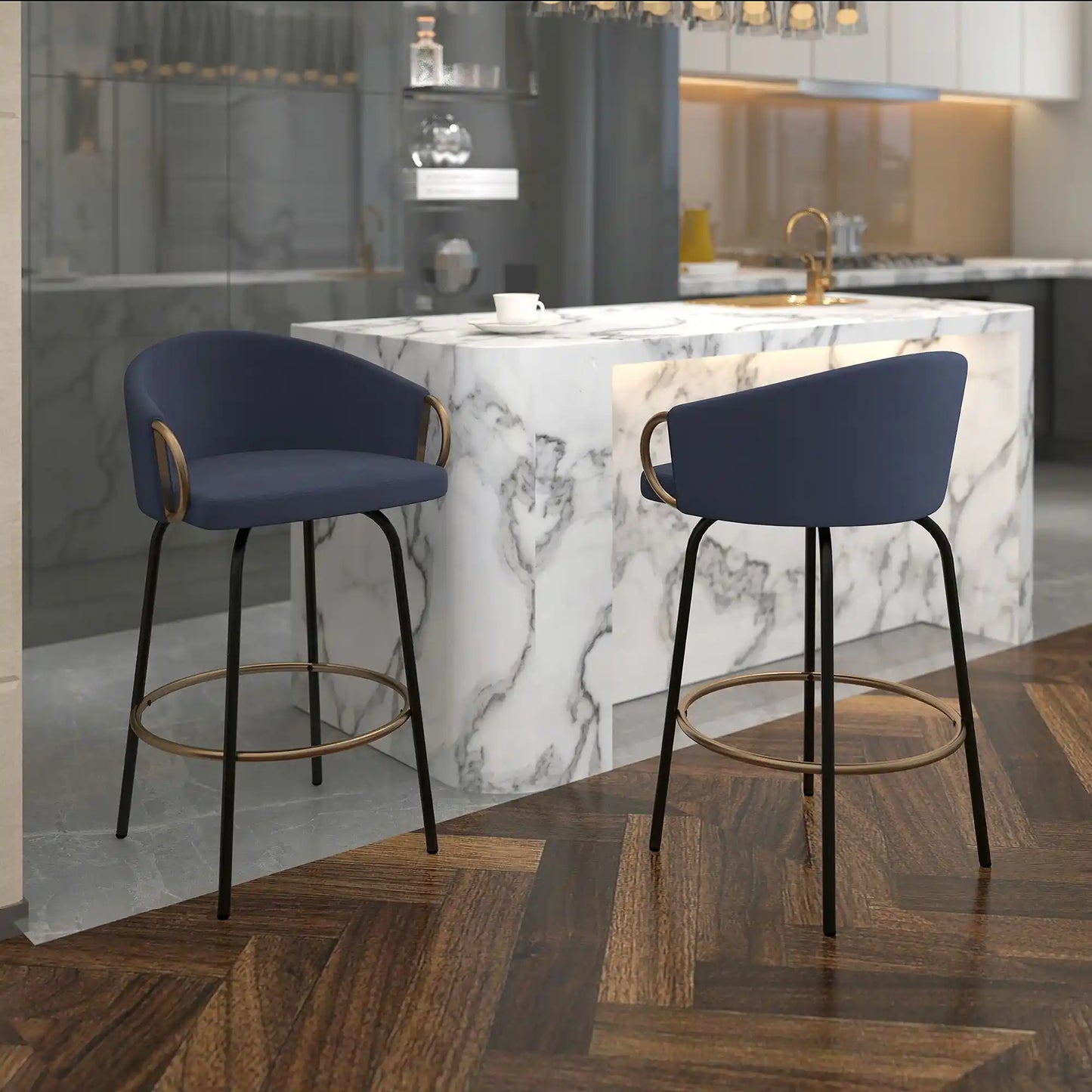 Velvet Swivel Counter Stools With Gold Accents – Set of 2