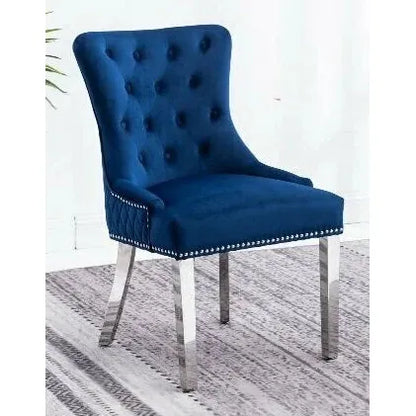 Blue upholstered chair with metal legs 