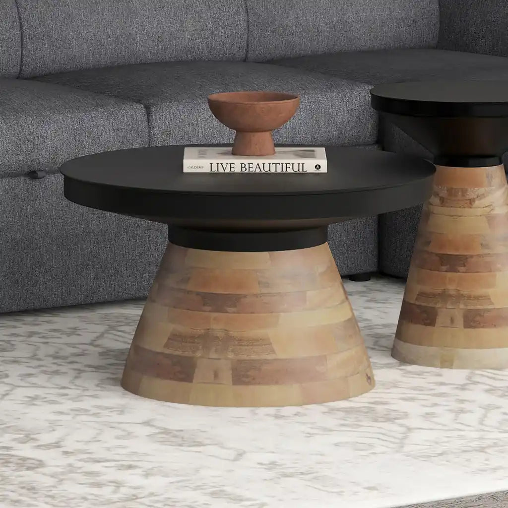 Boden Round Coffee Table – Black Iron Top & Walnut Solid Wood Base