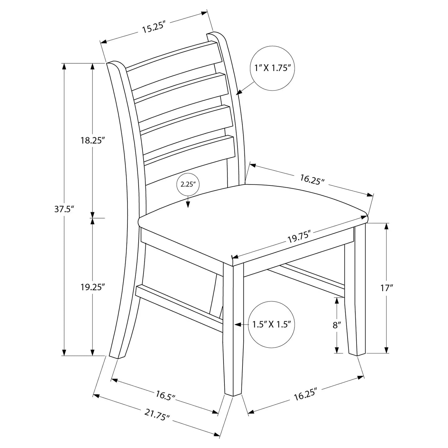 Brown Dining Chairs - 37"H Slat Back with Dark PU Seat - Set of 2