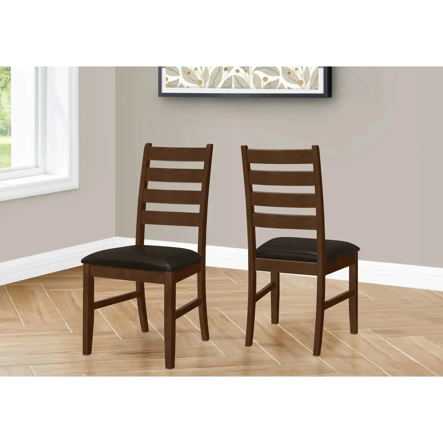 Brown Dining Chairs - 37"H Slat Back with Dark PU Seat - Set of 2