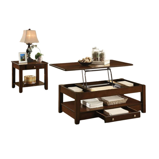 Brown lift-top coffee table with storage shelves 