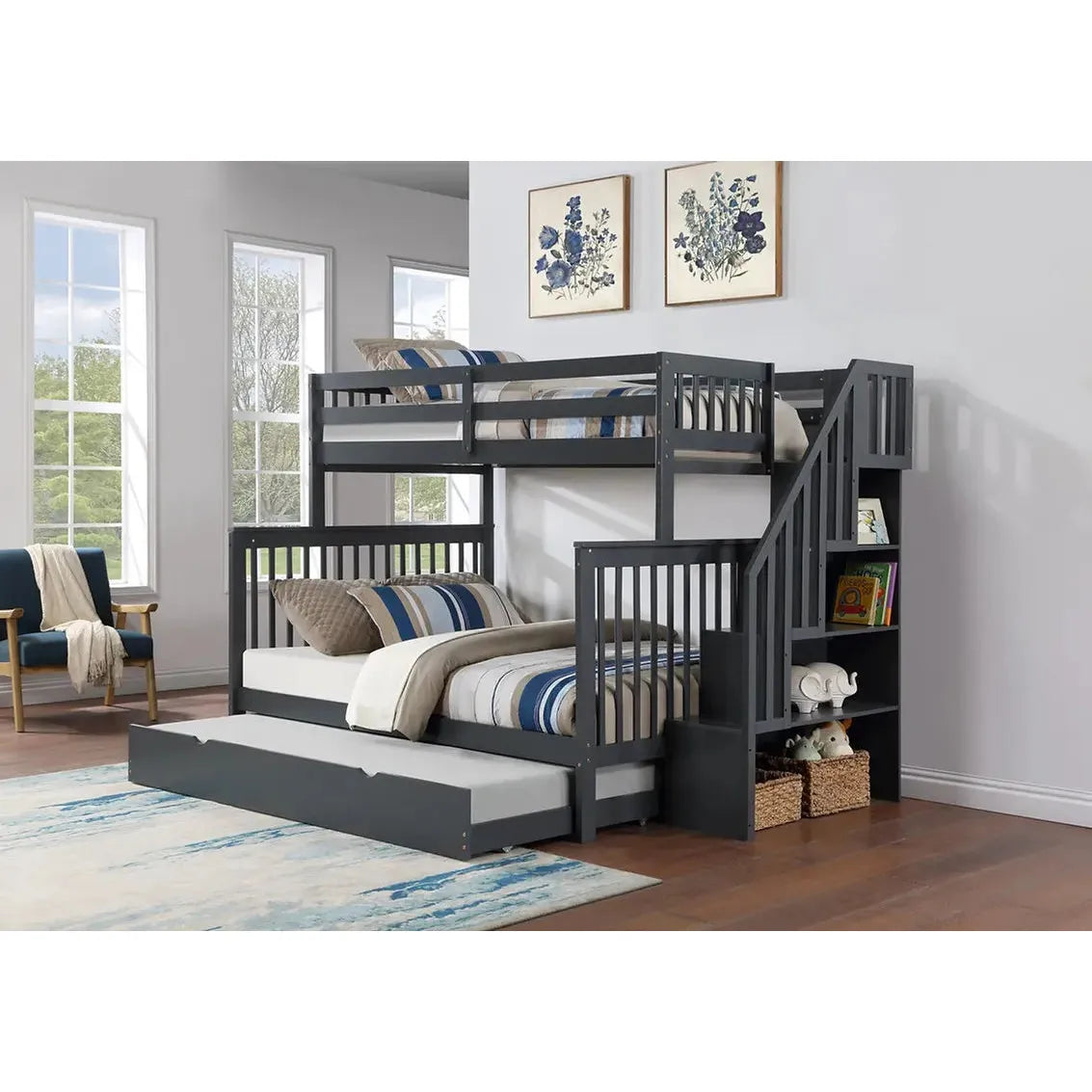 Grey Bunk Bed with Stairs & Storage
