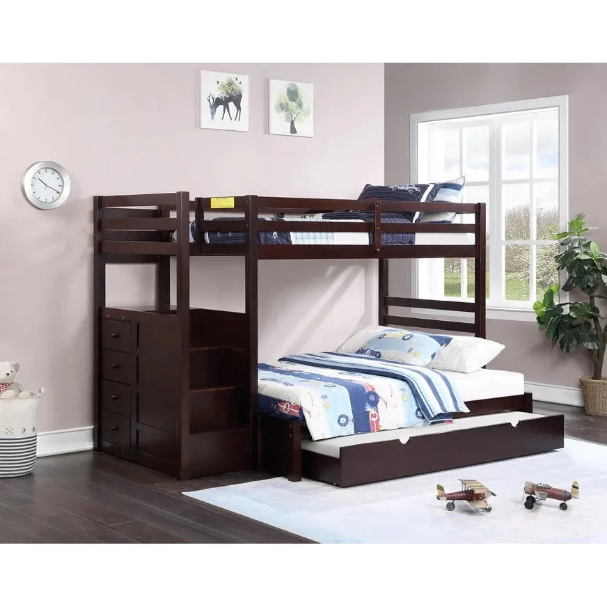 Wooden bunk bed with pull-out drawer and stairs 