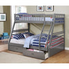 Storage bunk bed with striped bedding
