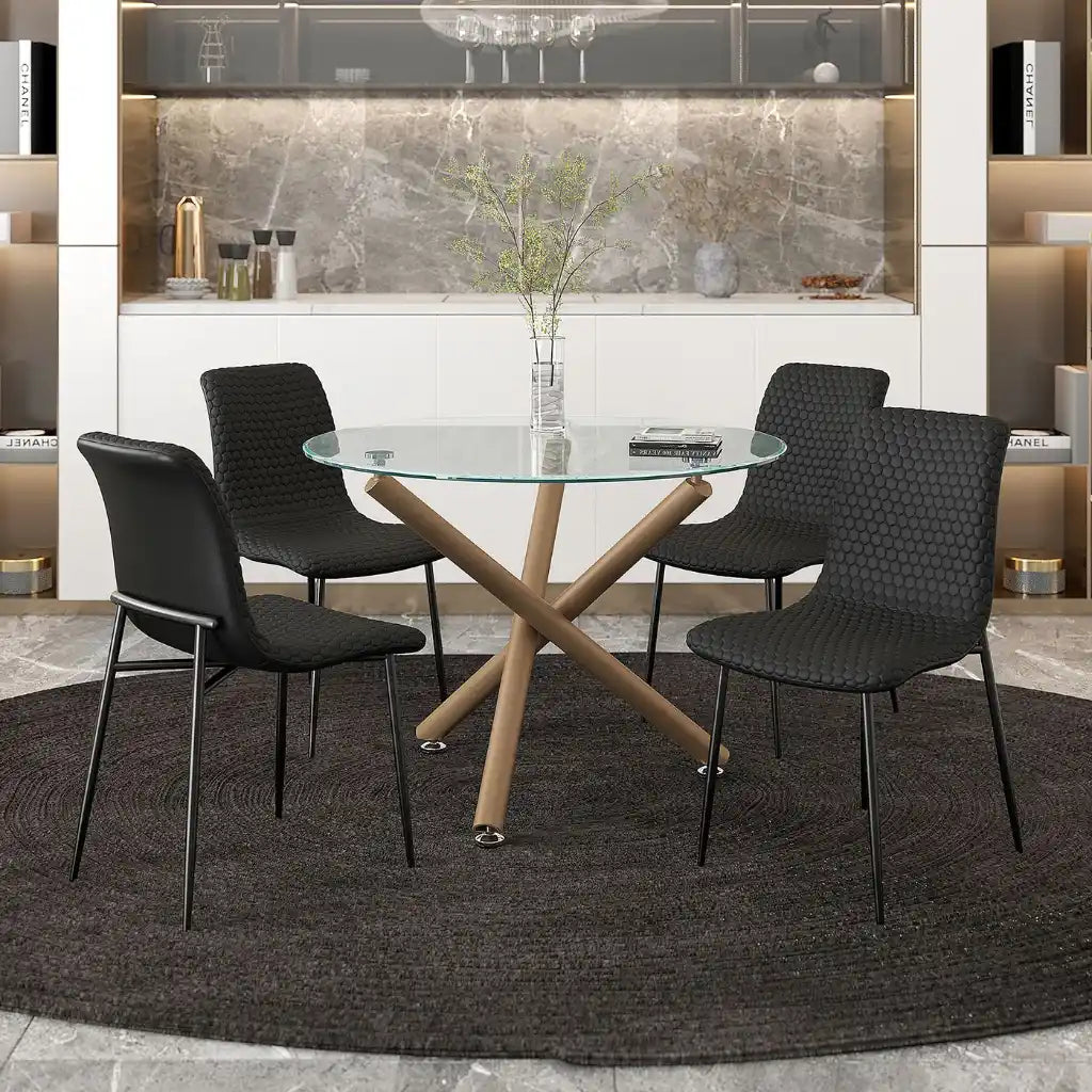 Carmilla/Brixx 5pc Glass Dining Table Set with Hexagon-Stitch Chairs