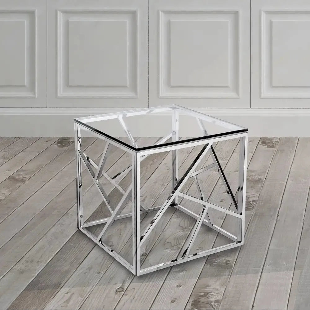 Carole Glass End Table for Living Room – Polished Steel & Modern Style