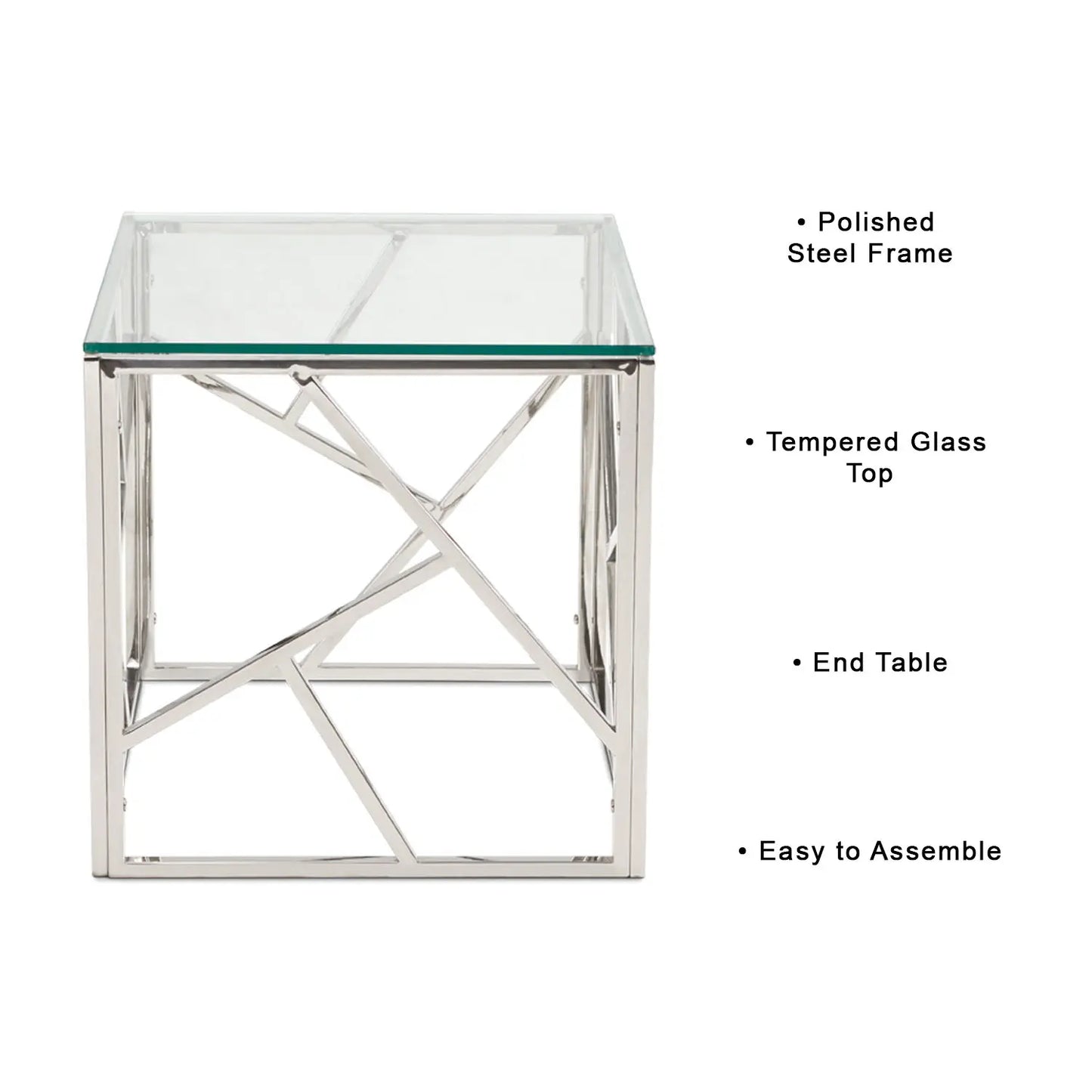 Carole Glass End Table for Living Room – Polished Steel & Modern Style
