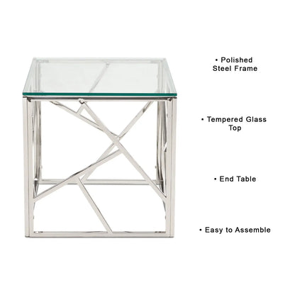 Carole Glass End Table for Living Room – Polished Steel & Modern Style
