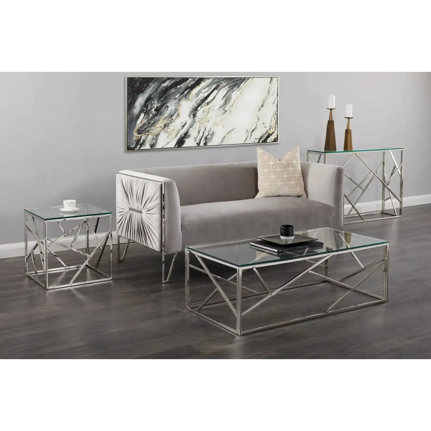 Carole Glass Top Console Table - Decorative Steel Frame Design