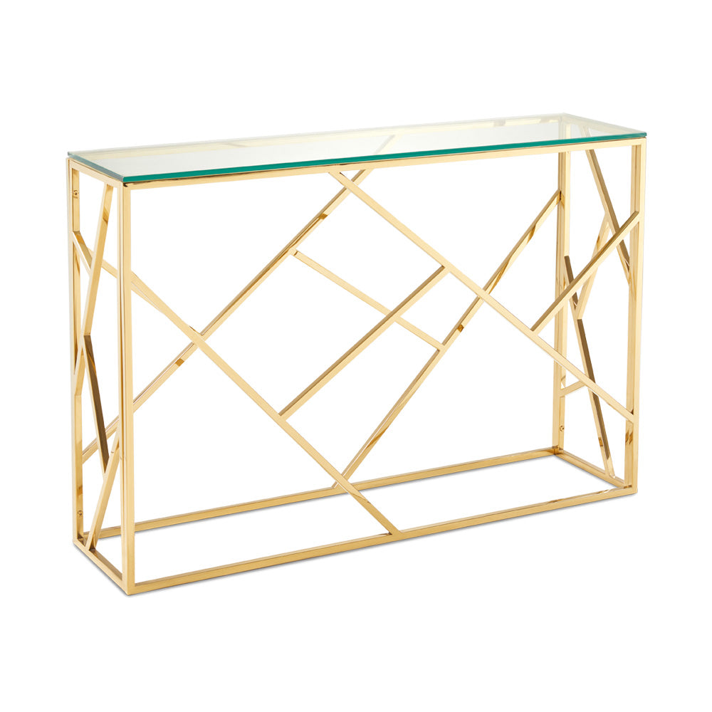 Carole Gold Metal and Glass Console Table with Polished Gold Frame