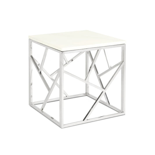 Carole White Marble Top End Table – Polished Steel Frame