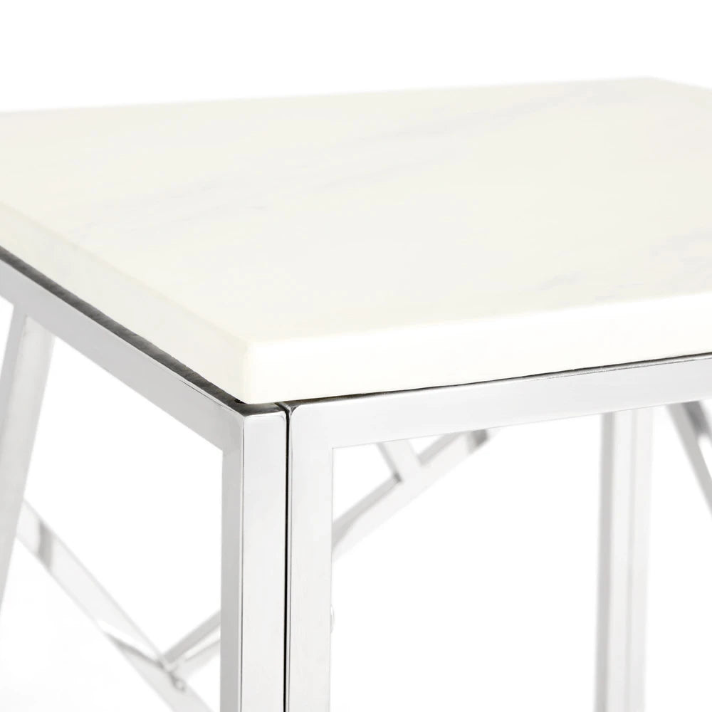 Carole White Marble Top End Table – Polished Steel Frame