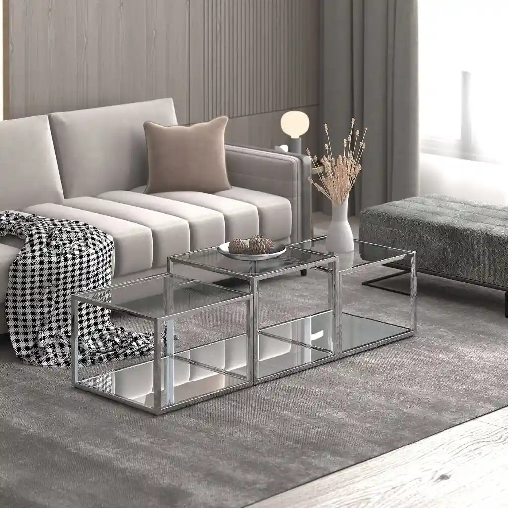 Casini 3pc Glass Coffee Table Set – Modular Multi-Tier Tables