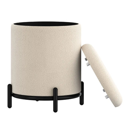 Castor Cream Boucle Storage Ottoman with Black Metal Base