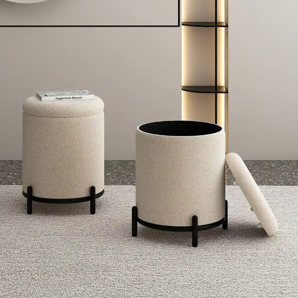 Castor Cream Boucle Storage Ottoman with Black Metal Base