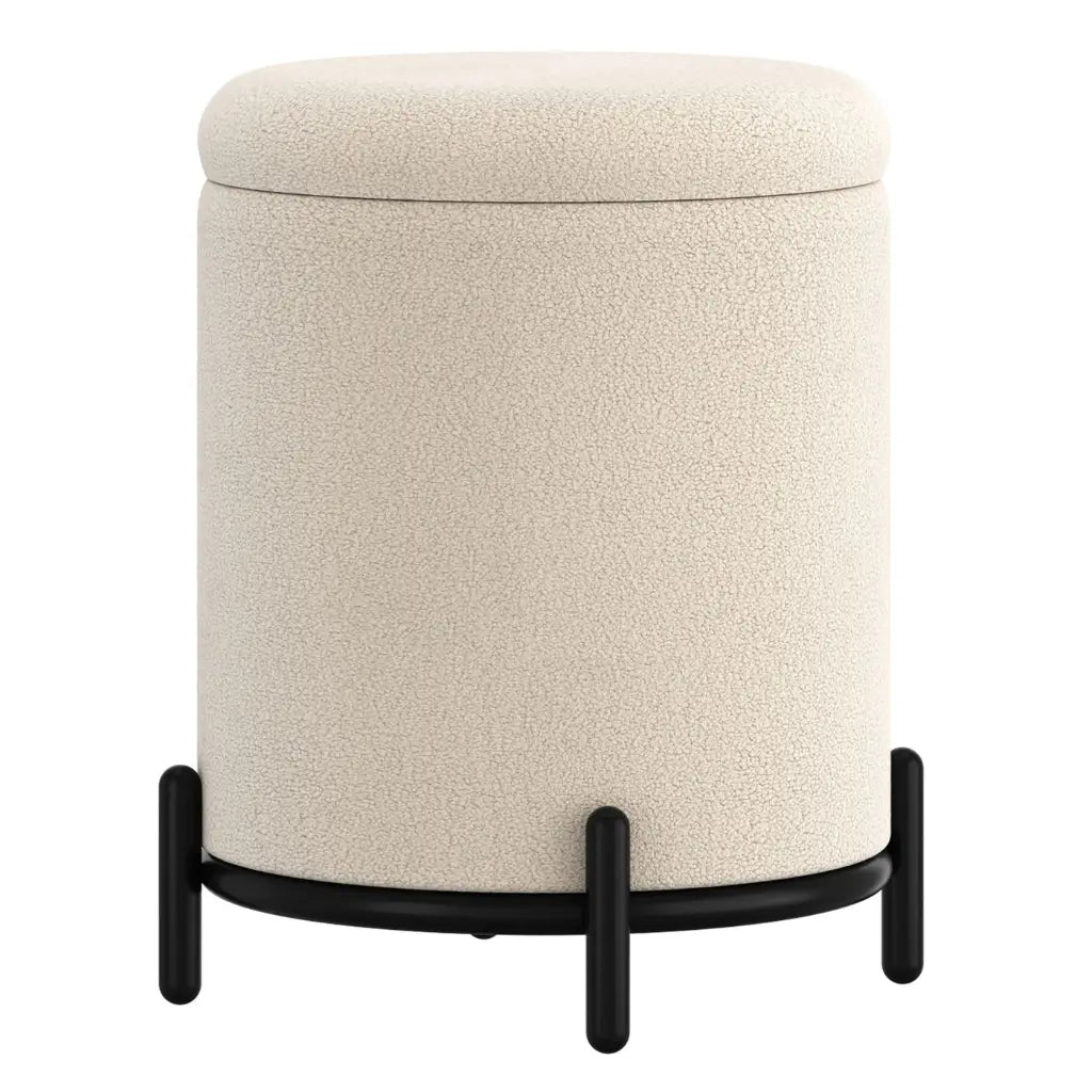 Castor Cream Boucle Storage Ottoman with Black Metal Base